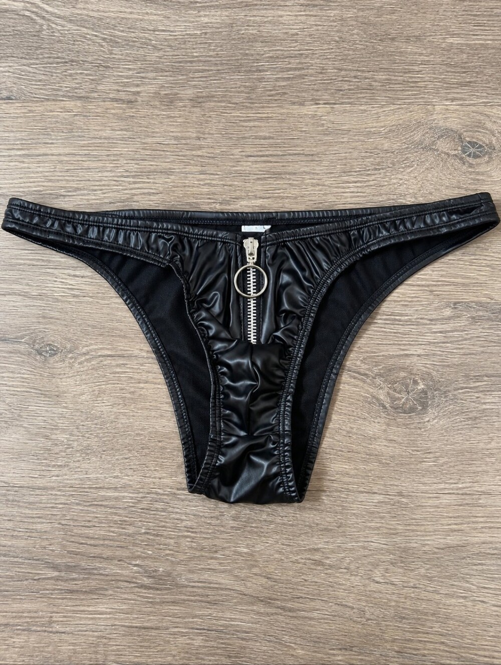 Men's Exotic BDSM Black Faux Leather Low Rise Zipper Brief -K